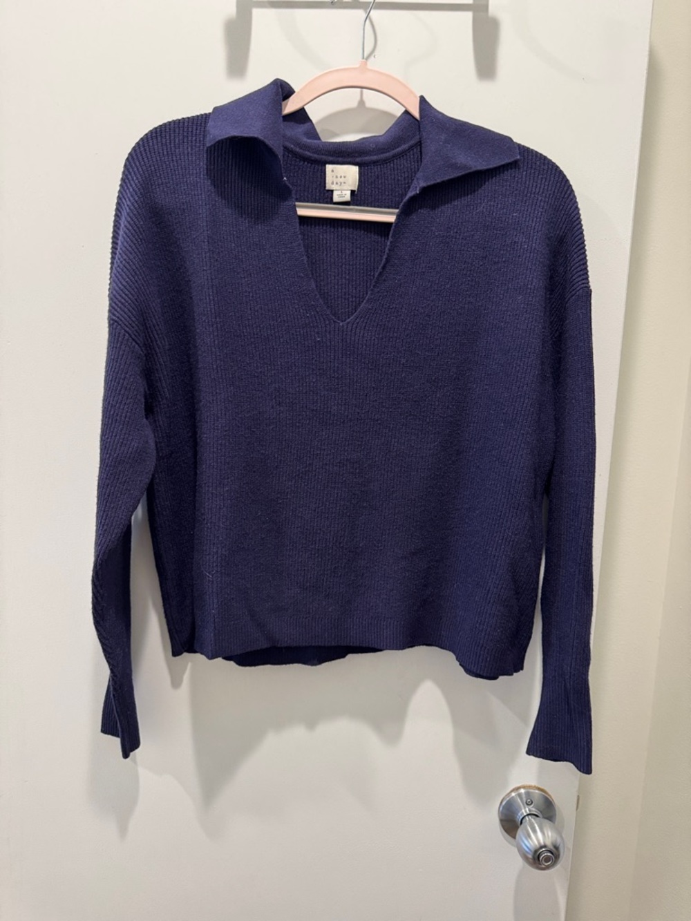 Navy Collared V-Neck Knit Sweater Top